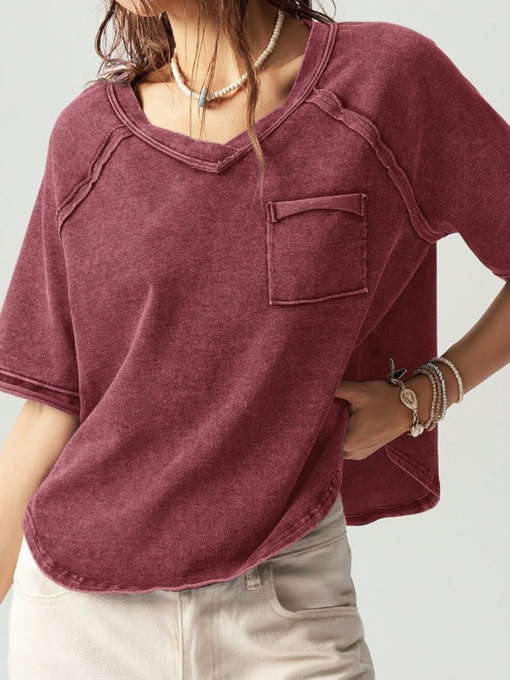 Burgundy Casual Boho Women's Knitted Crew Neck Raglan Short Sleeve Loose T-Shirt - Picture 5 of 8